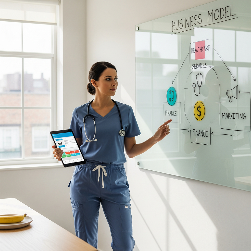 Nurse entrepreneur standing with a tablet, analyzing a business model chart in a professional healthcare setting.
