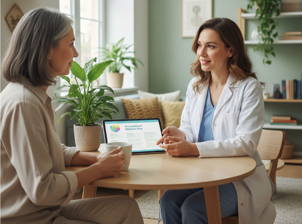 A healthcare professional and patient discussing personalized integrative medicine treatment plans in a calm clinic setting