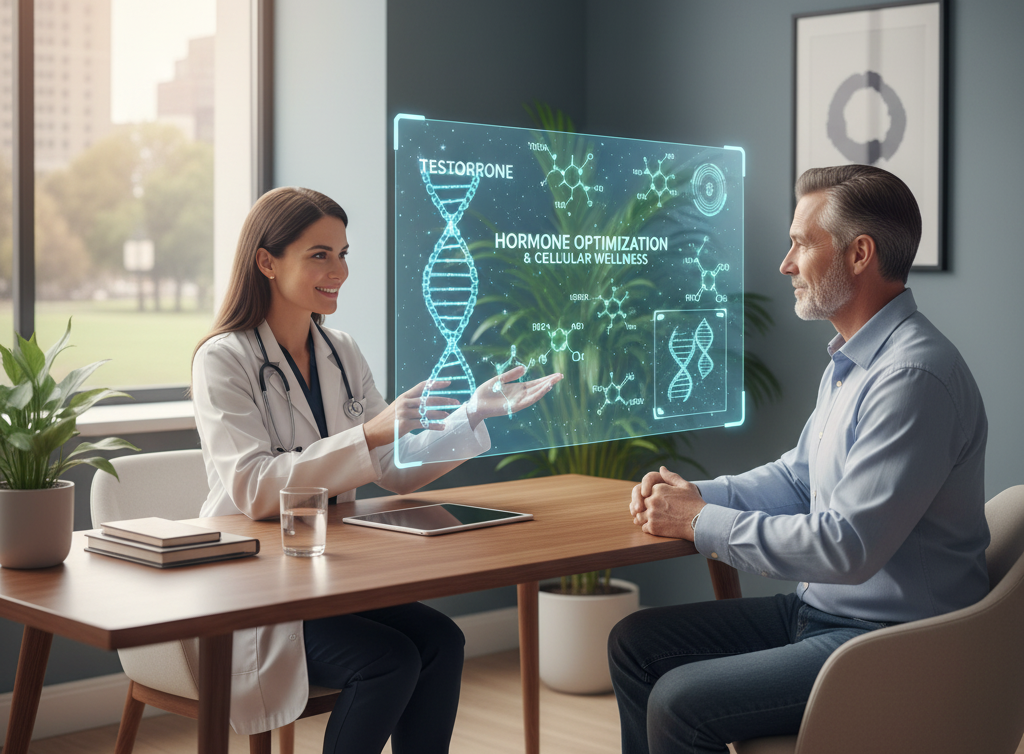 A medical professional explaining hormone optimization and regenerative health benefits to a patient
