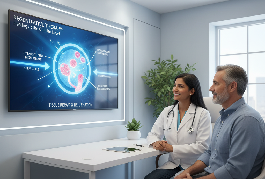 A medical professional explaining regenerative therapy options to a patient in a modern clinic