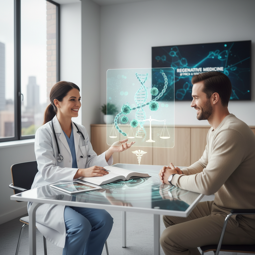 A medical professional reviewing regenerative medicine procedures with ethical considerations in mind