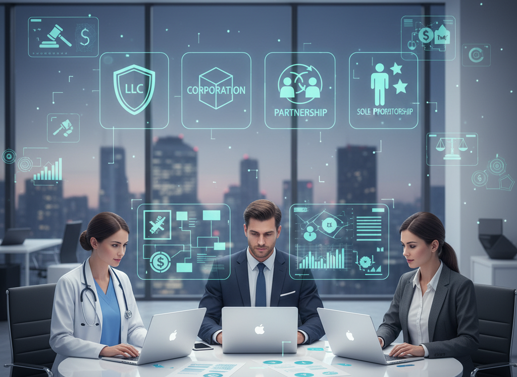 Business professionals discussing healthcare business structure and legal setup for startups.