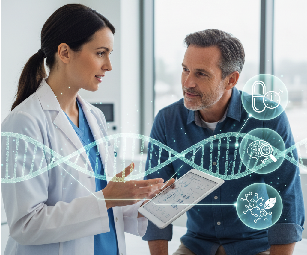 Clinician consulting a middle-aged patient with a translucent molecular graphic illustrating regenerative medicine and bio-identical hormones