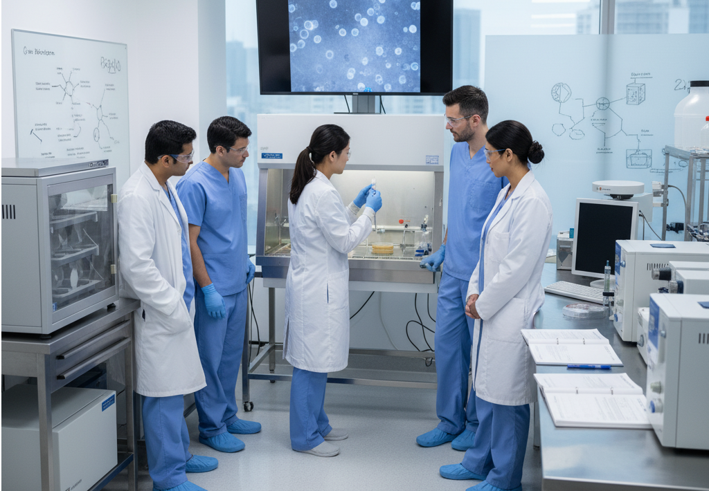 Medical professionals learning regenerative medicine techniques in a clinical training setting