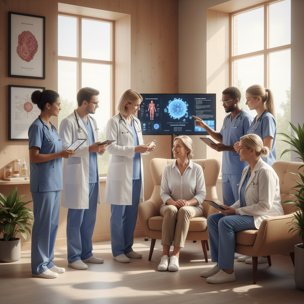 A healthcare professional leading an integrative medicine session combining regenerative therapies and holistic healing.