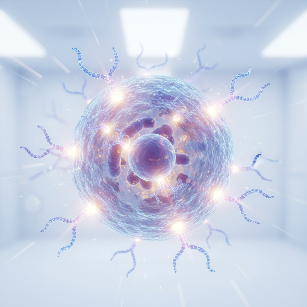 Microscopic view of peptides stimulating cellular regeneration in human tissue