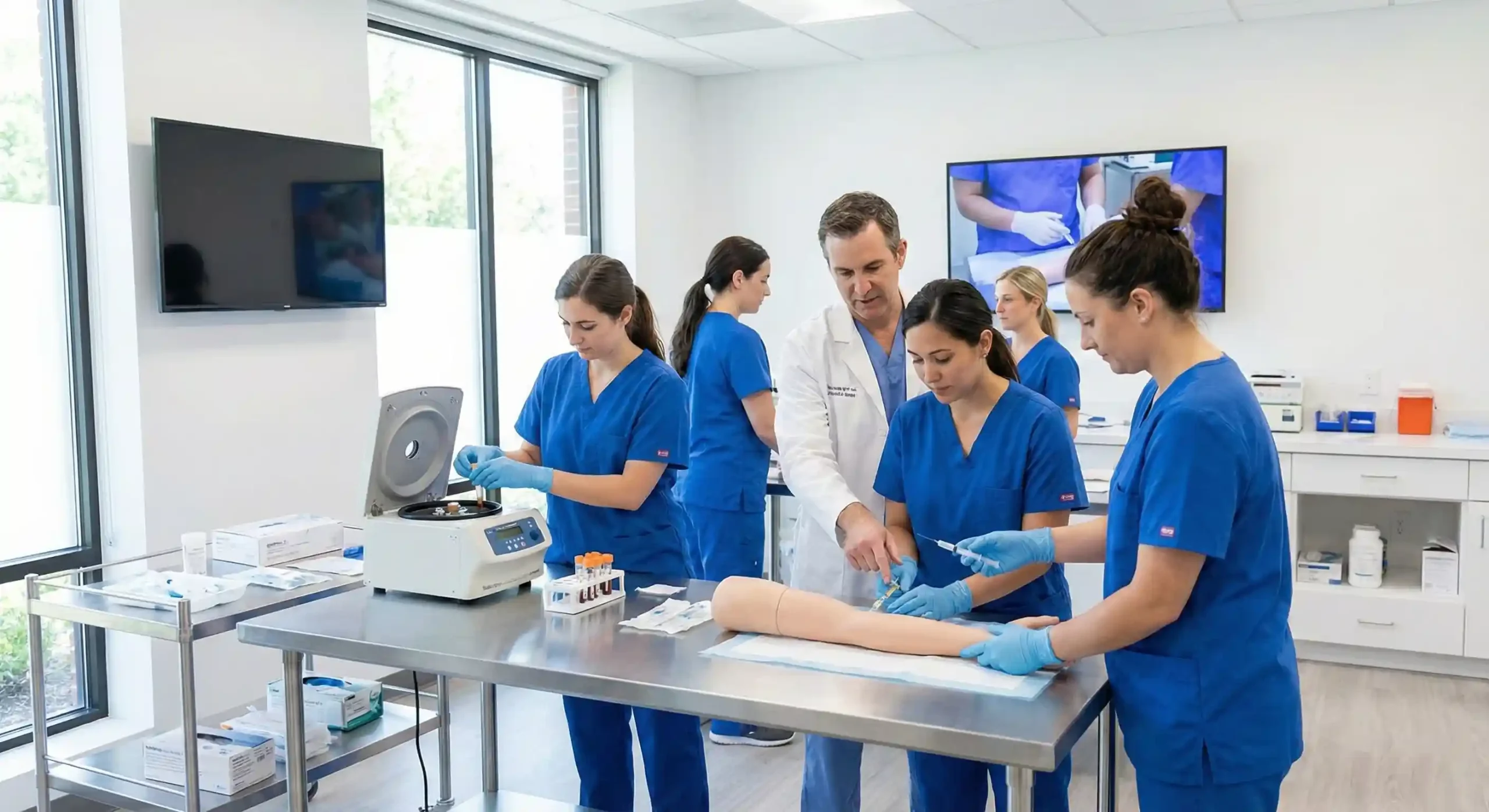 Healthcare professionals participating in hands-on regenerative medicine clinical training workshop