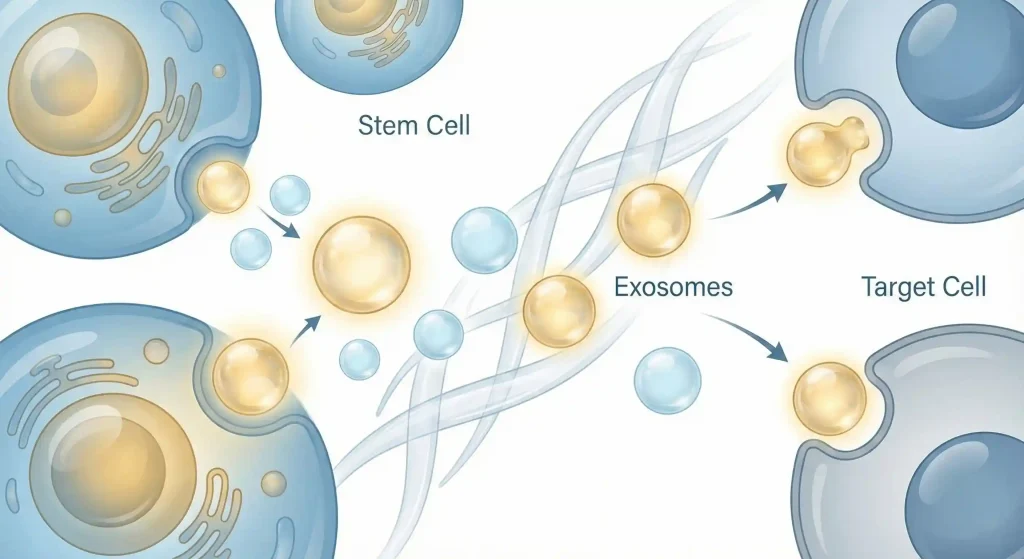 Microscopic and illustrated views of exosomes showing extracellular vesicles involved in regenerative medicine cell signaling