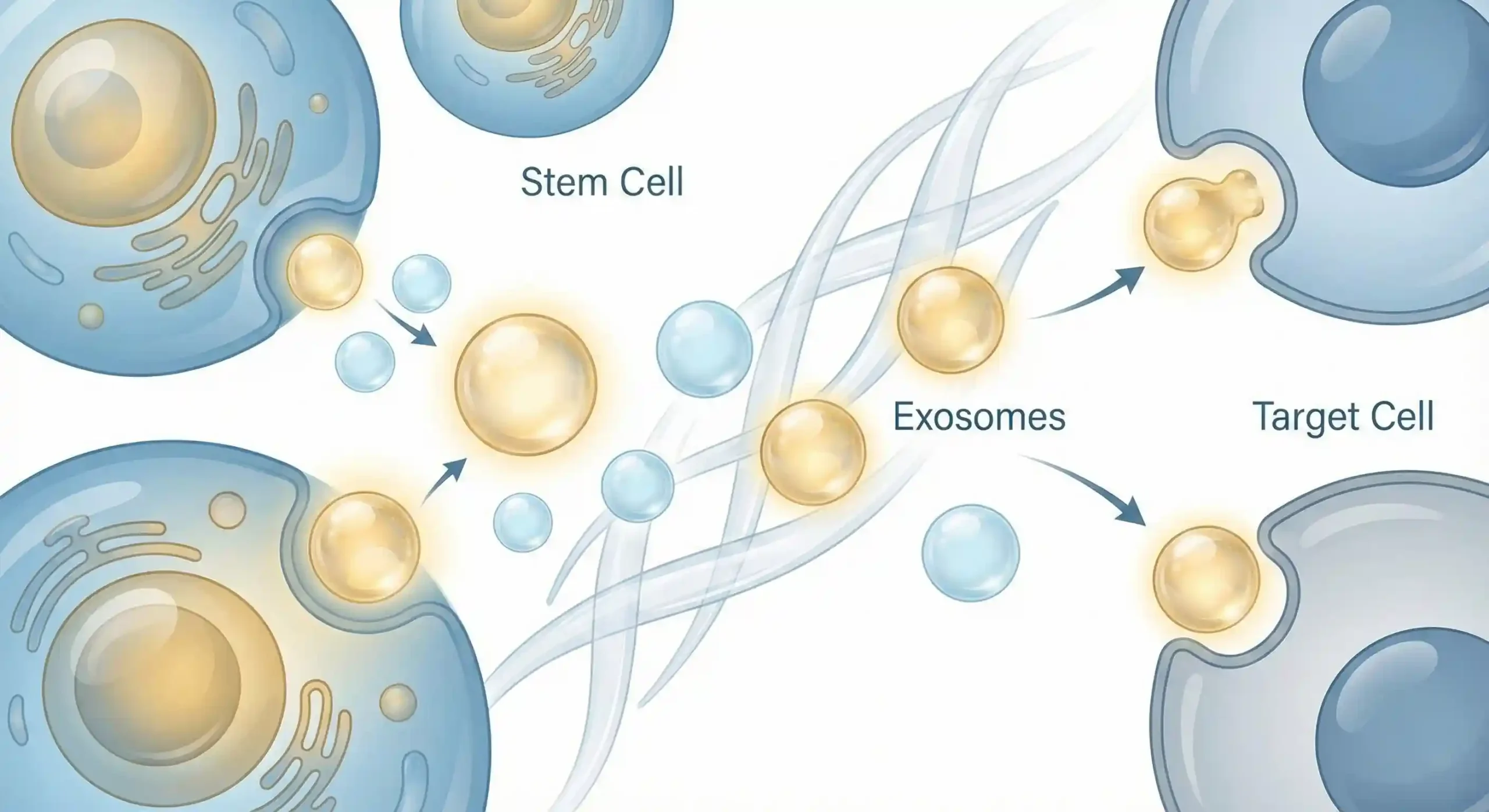 Microscopic and illustrated views of exosomes showing extracellular vesicles involved in regenerative medicine cell signaling