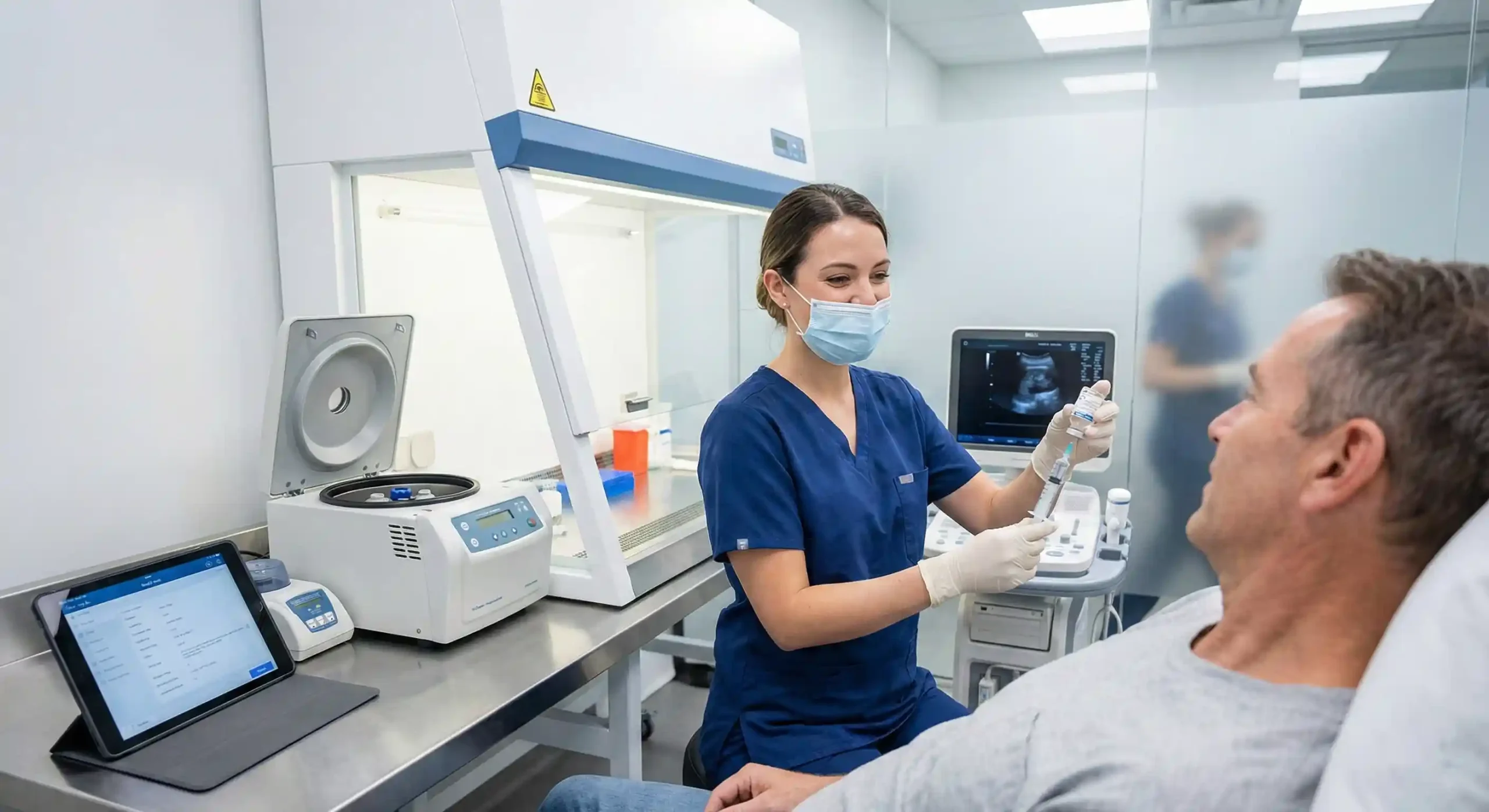 Nurse preparing regenerative medicine treatment in a modern clinical setting