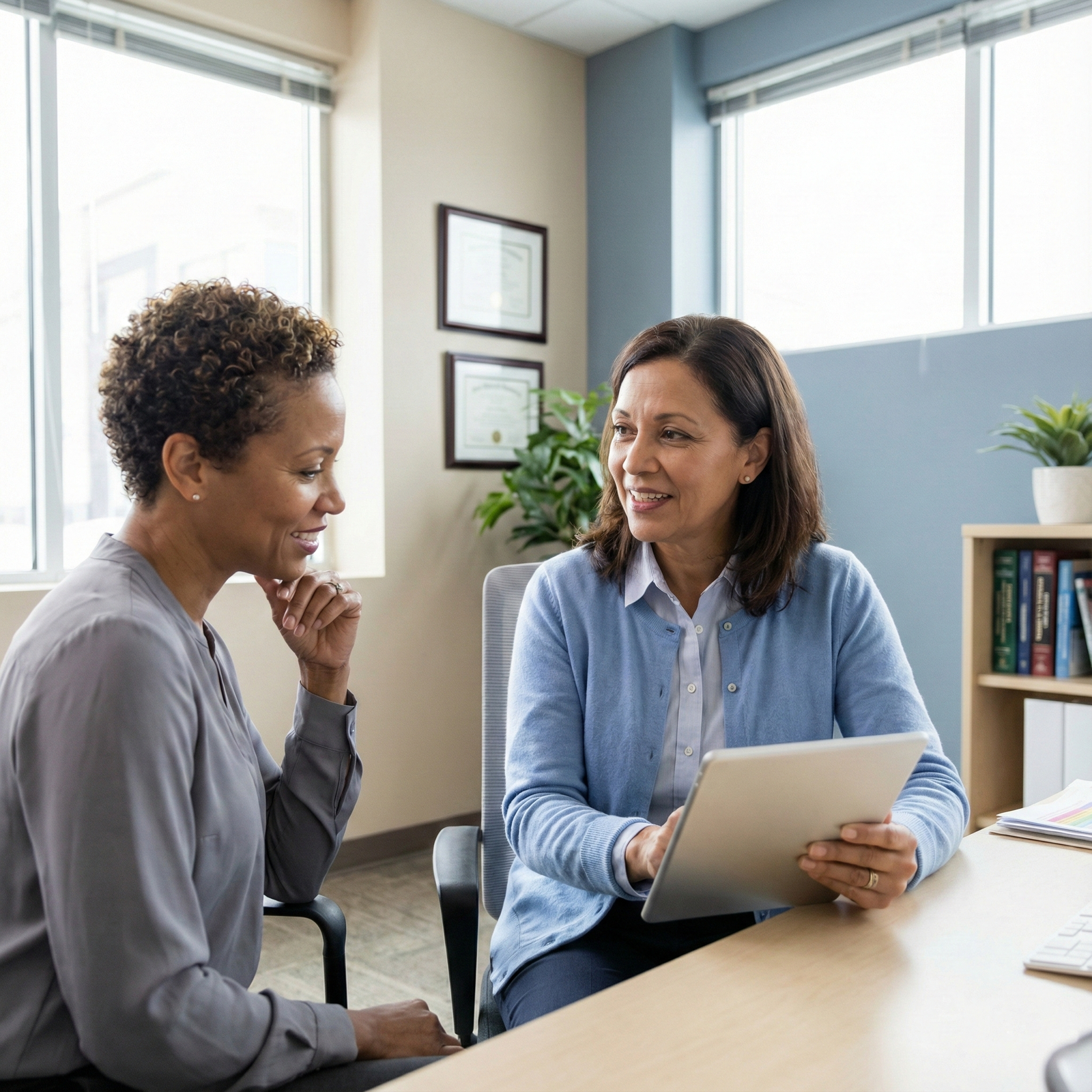 Physician consulting a middle-aged patient about hormone replacement therapy as part of regenerative medicine treatment plan