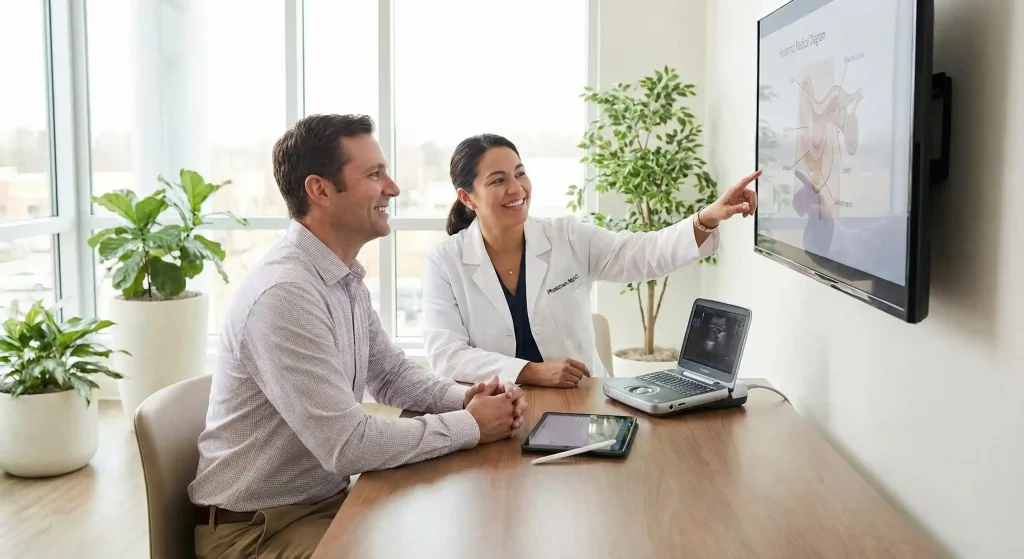 Physician explaining cash-pay regenerative medicine treatment options to a patient during a clinic consultation