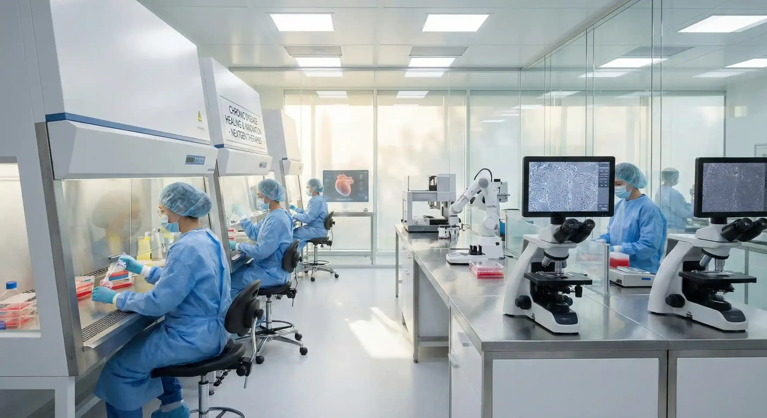 Regenerative medicine laboratory illustrating stem cell and cellular therapies for chronic disease treatment