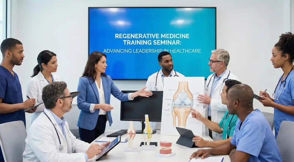 Clinicians participating in advanced regenerative medicine leadership and training programs