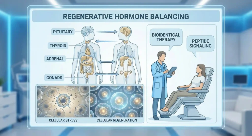Medical illustration showing hormone balancing techniques used in regenerative medicine to improve clinical outcomes and patient health