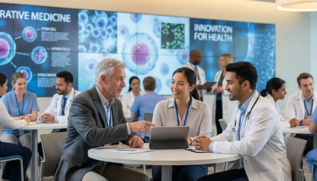 Medical professionals networking and mentoring during clinical and regenerative medicine training events