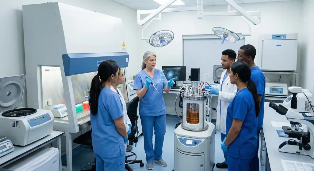 Medical professionals receiving formal training in regenerative medicine procedures in a clinical setting