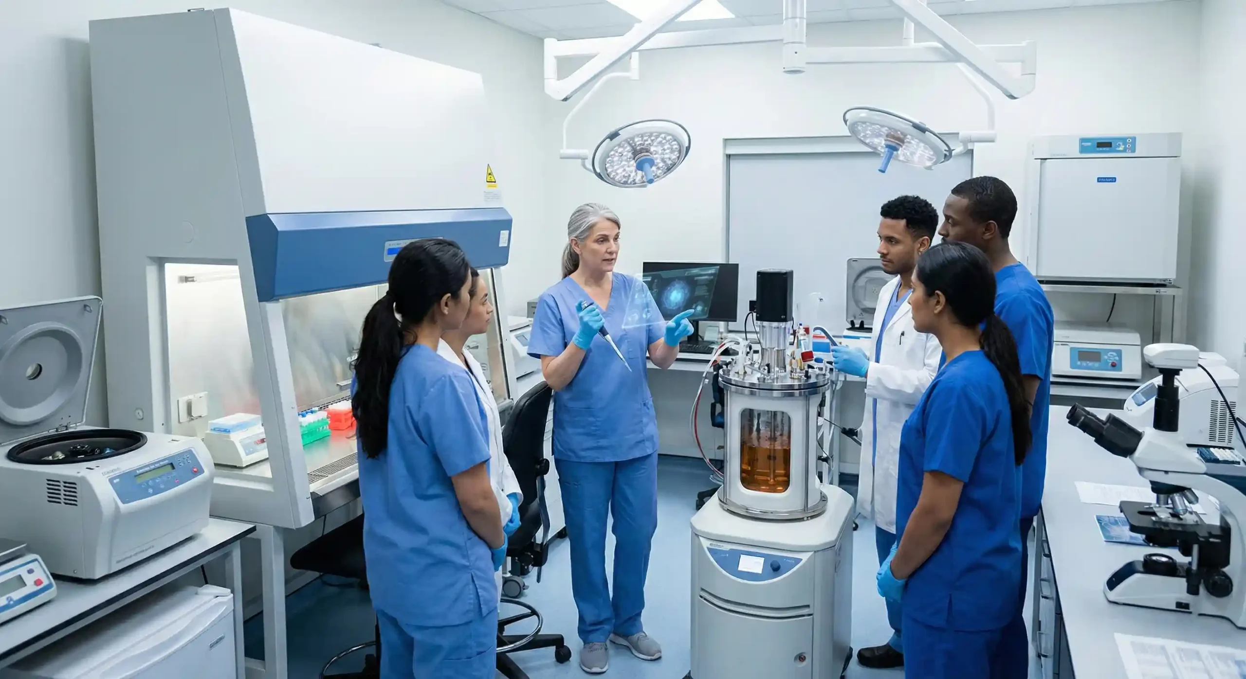 Medical professionals receiving formal training in regenerative medicine procedures in a clinical setting