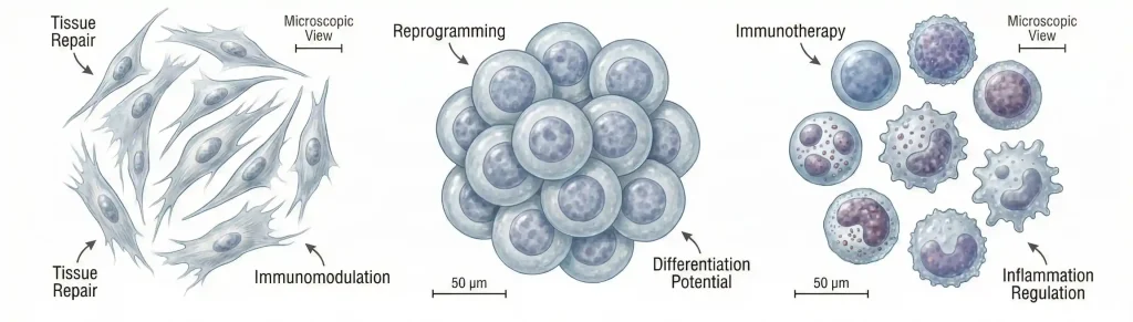 Microscopic view of regenerative cells and immune cells used in regenerative medicine therapies for tissue repair and healing rev.01