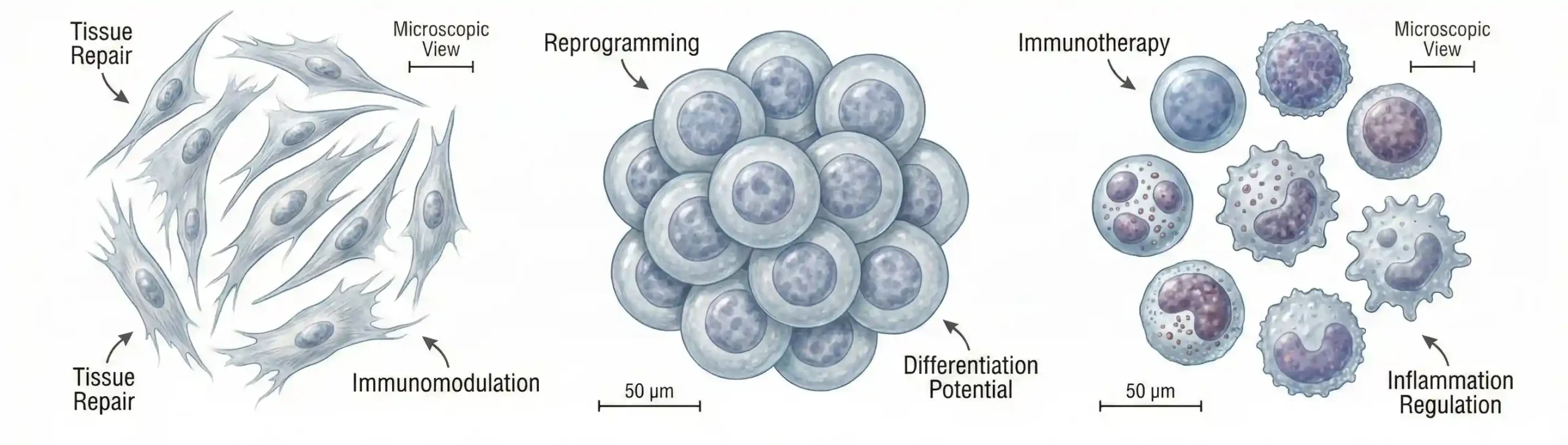 Microscopic view of regenerative cells and immune cells used in regenerative medicine therapies for tissue repair and healing rev.01