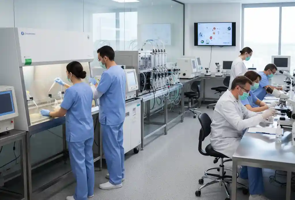 Hands-on training session in regenerative medicine demonstrating regenerative cell therapy techniques in a clinical laboratory setting.