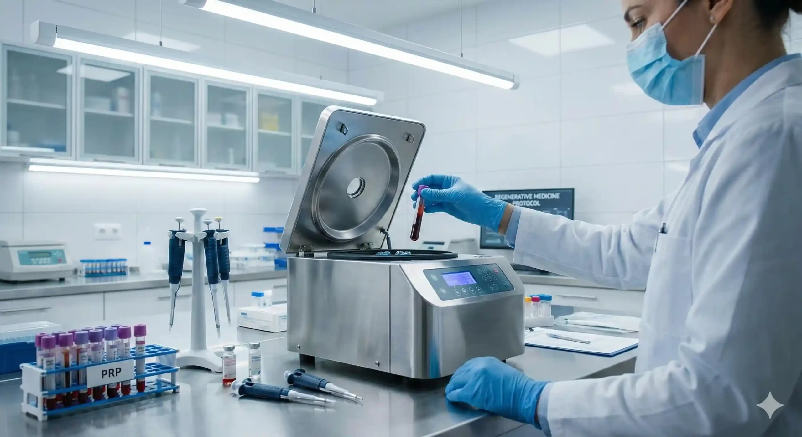 Laboratory specialist performing standardized regenerative medicine cell preparation using controlled sterile techniques