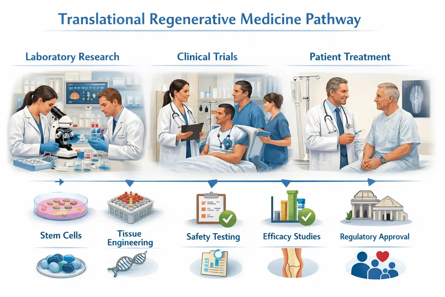 Laboratory-to-clinic pathway in translational regenerative medicine, showing research, clinical trials, and patient treatment