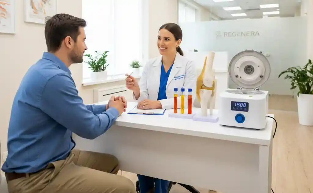 Physician explaining regenerative medicine therapies to patient using stem cell and PRP visuals in a modern clinical setting