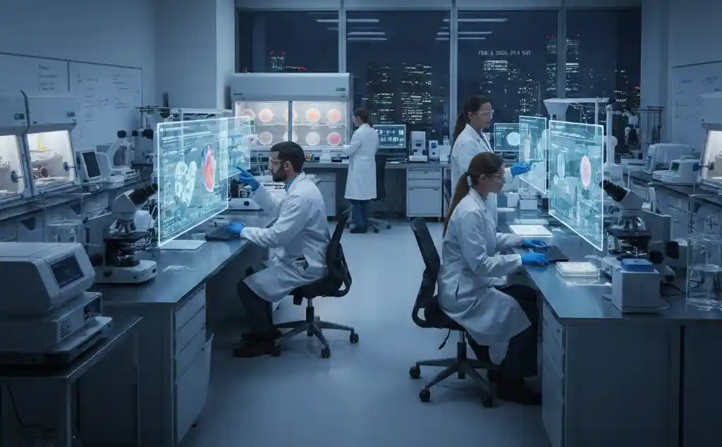 Researchers designing clinical studies in regenerative medicine within a biomedical laboratory environment