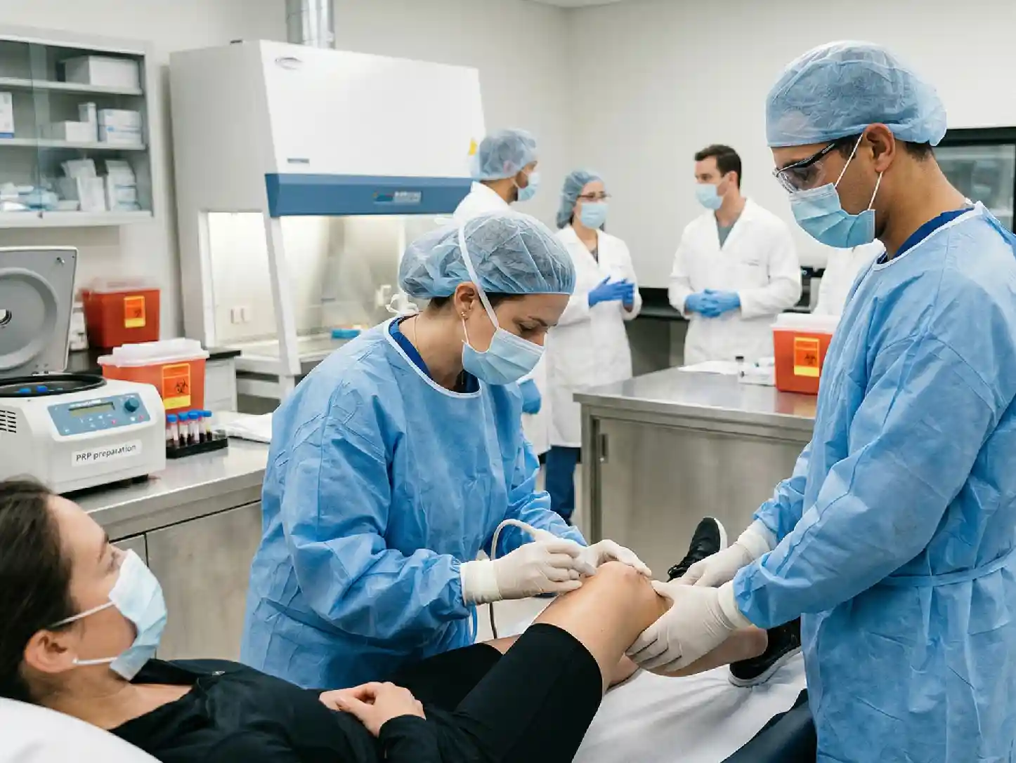 Healthcare professionals participating in a regenerative medicine training course using advanced laboratory techniques and equipment