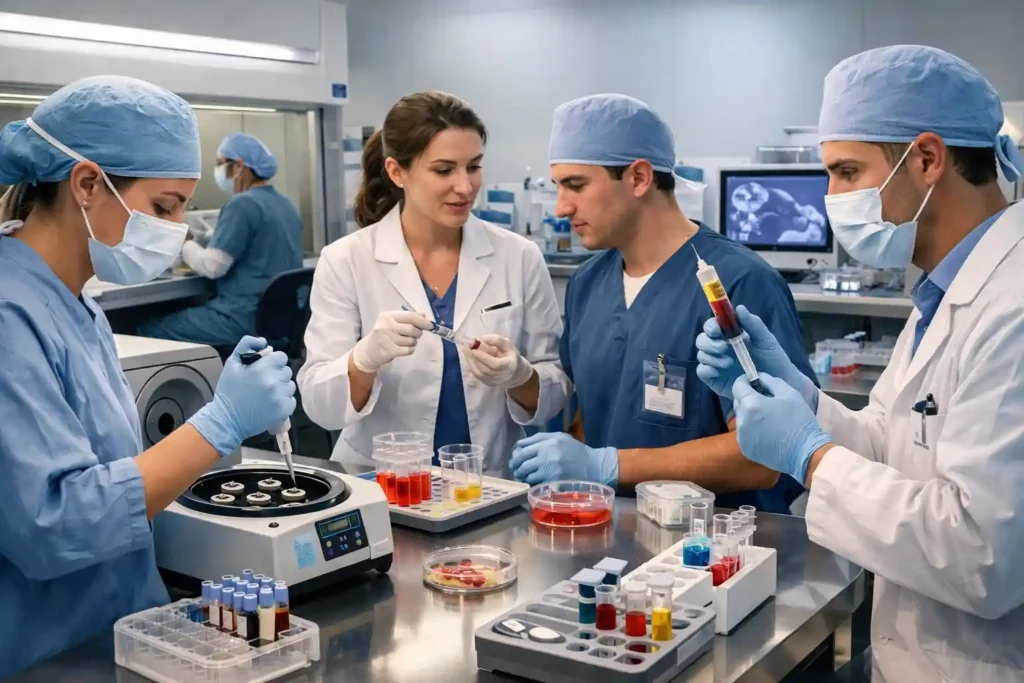 Healthcare professionals undergoing hands-on education in regenerative medicine techniques using advanced laboratory equipment