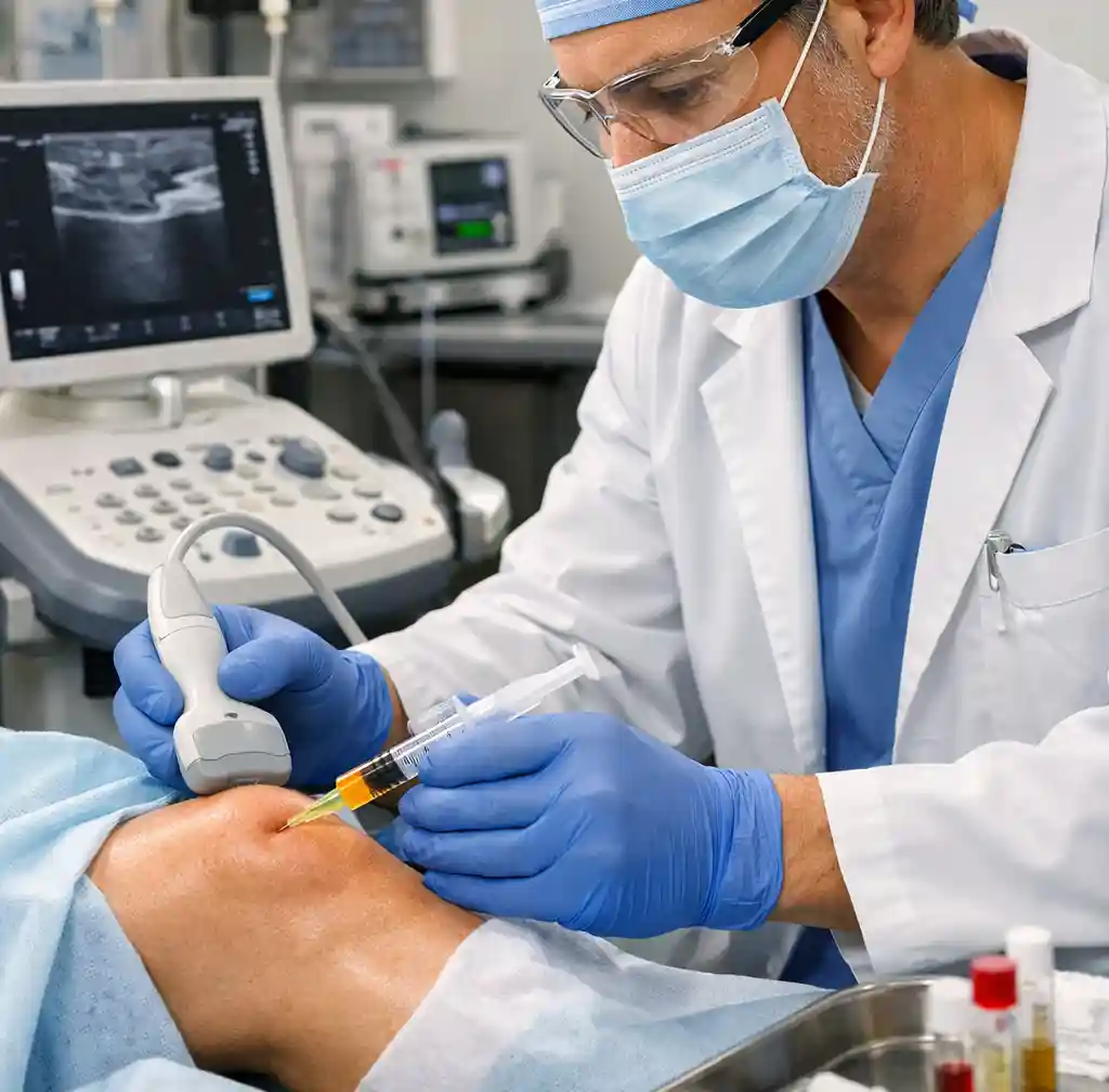 Medical professional performing regenerative medicine procedure with precision training and advanced equipment in a clinical setting