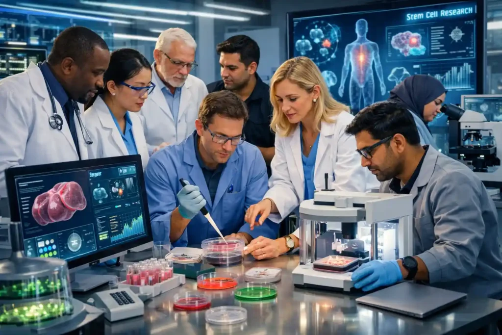 Medical professionals collaborating in a laboratory on regenerative medicine therapies using advanced biotechnology tools
