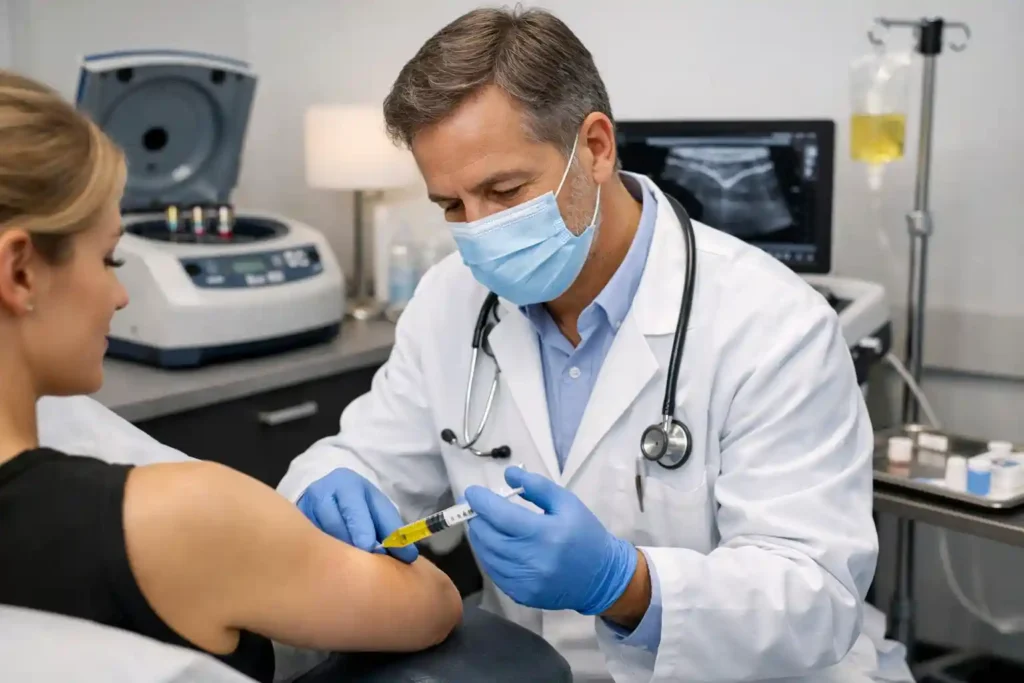 Medical professionals performing regenerative medicine therapy using stem cells in a modern clinical laboratory