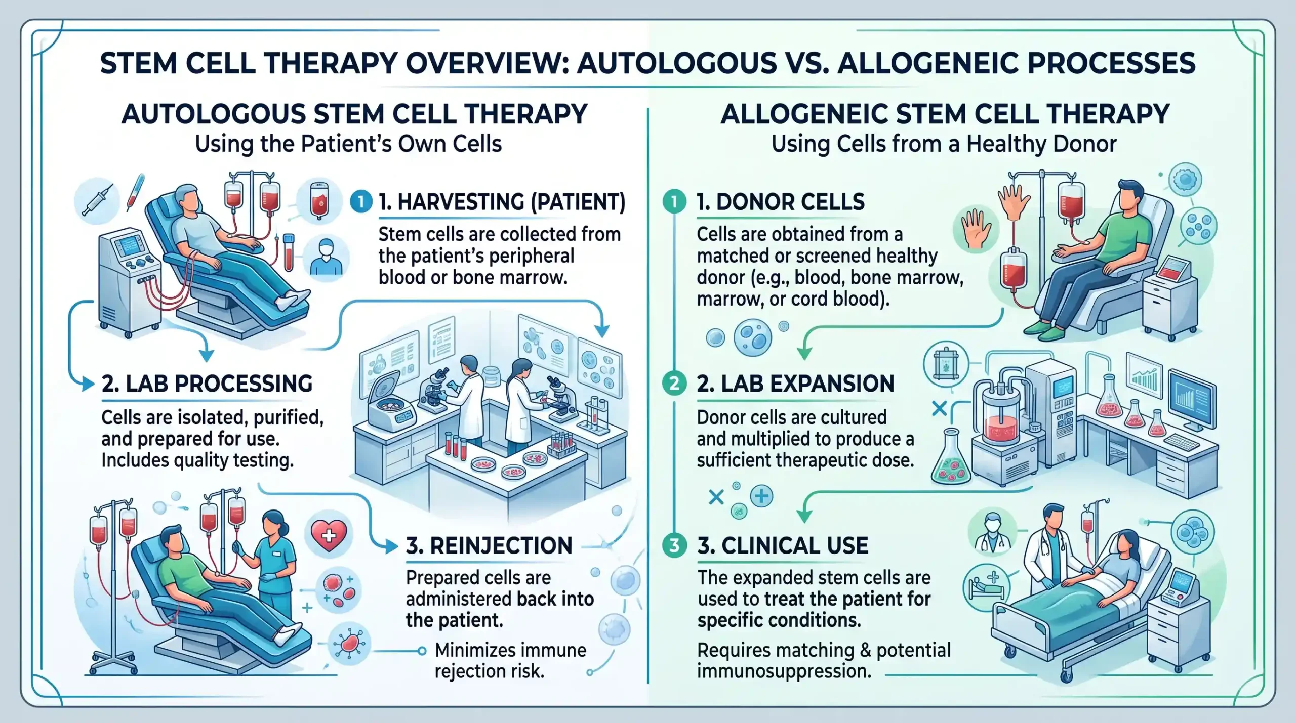 Autologous vs allogeneic stem cell therapy infographic showing patient and donor cell processes