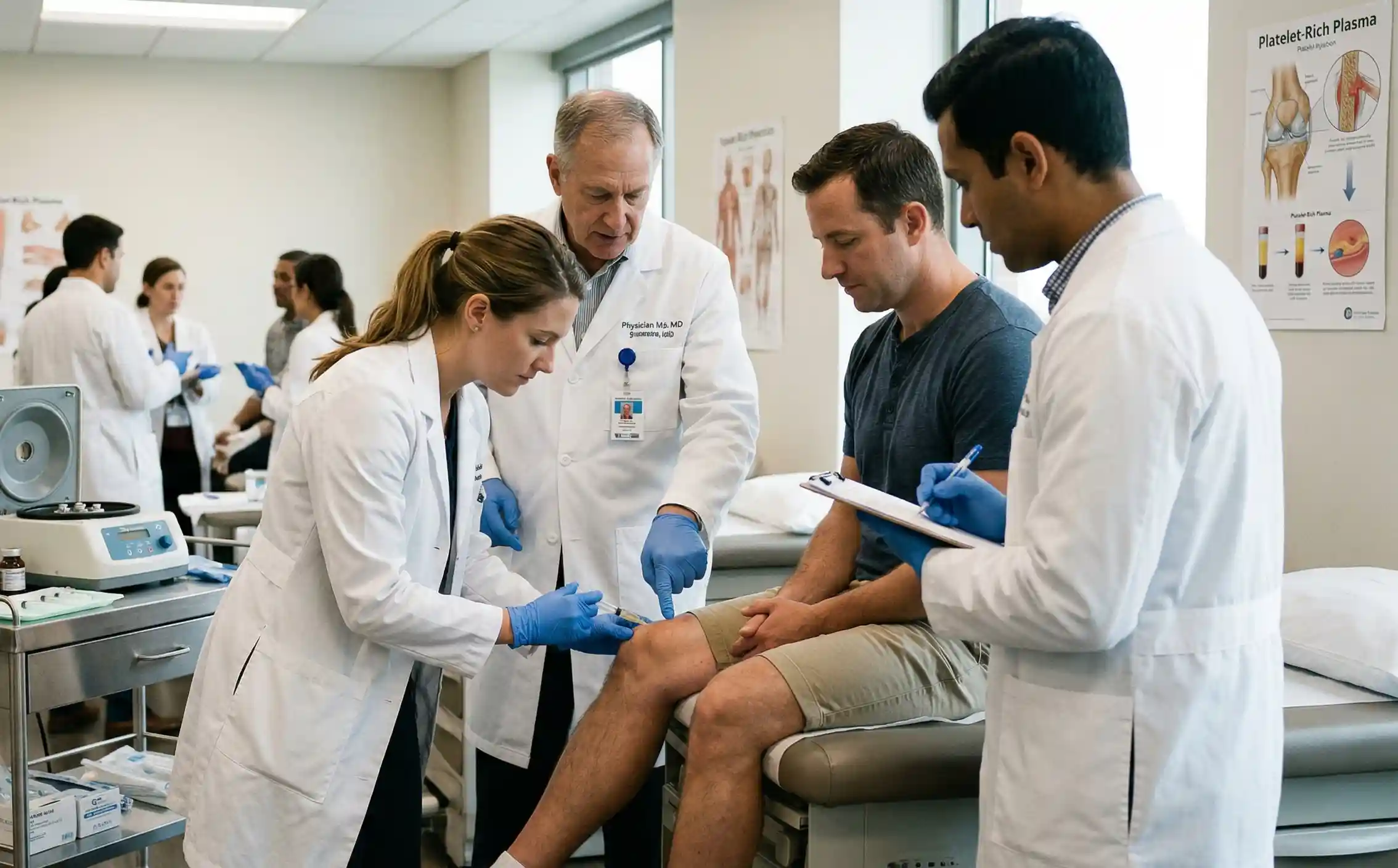 Clinicians participating in regenerative medicine training workshop with hands-on stem cell and PRP techniques guided by expert instructor
