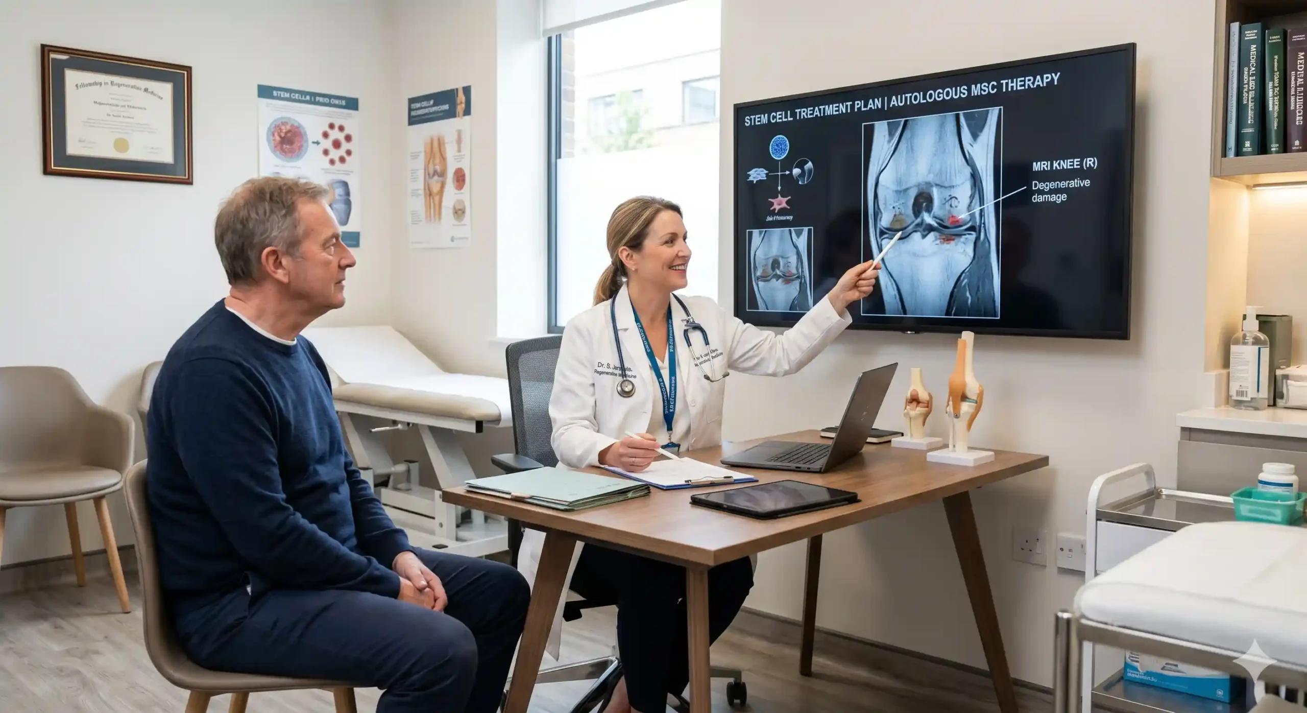 Doctor reviewing patient records and discussing stem cell procedure eligibility in a regenerative medicine clinic