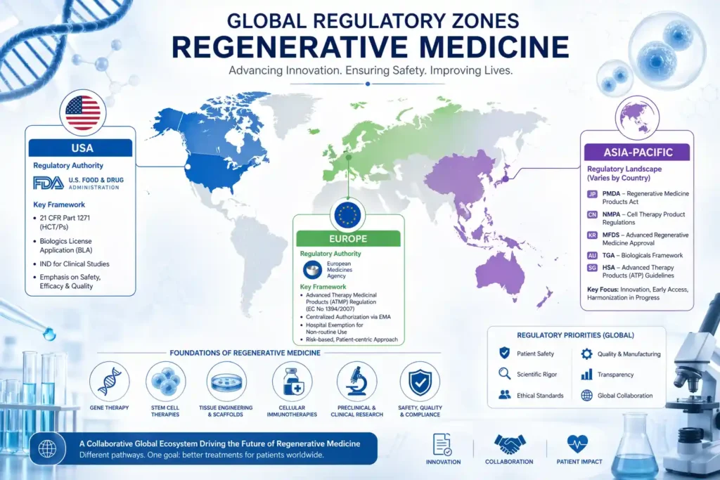 Global map highlighting regulatory frameworks governing regenerative medicine across different regions