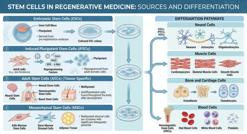 Illustration showing different types of stem cells including embryonic, adult, induced pluripotent, and mesenchymal stem cells used in regenerative medicine therapies