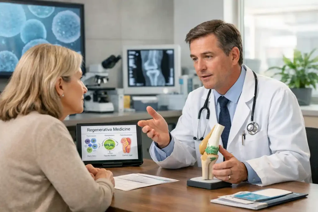 Medical professional discussing ethical considerations in regenerative medicine practice with patient in a clinical setting