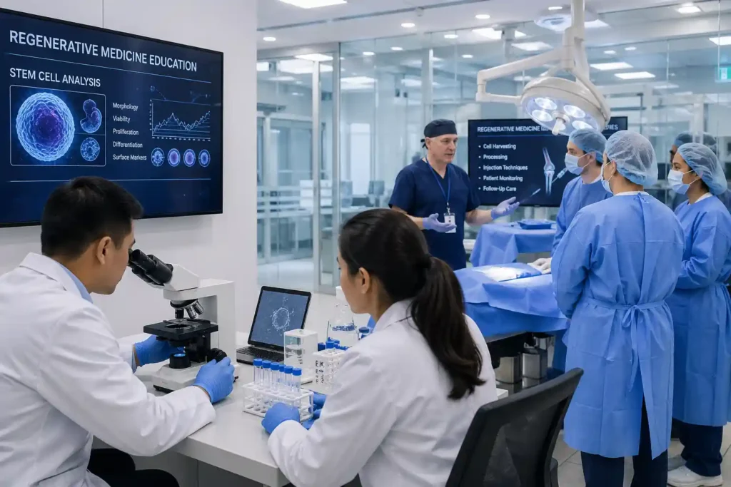 Medical professionals learning regenerative medicine techniques in a modern clinical training environment