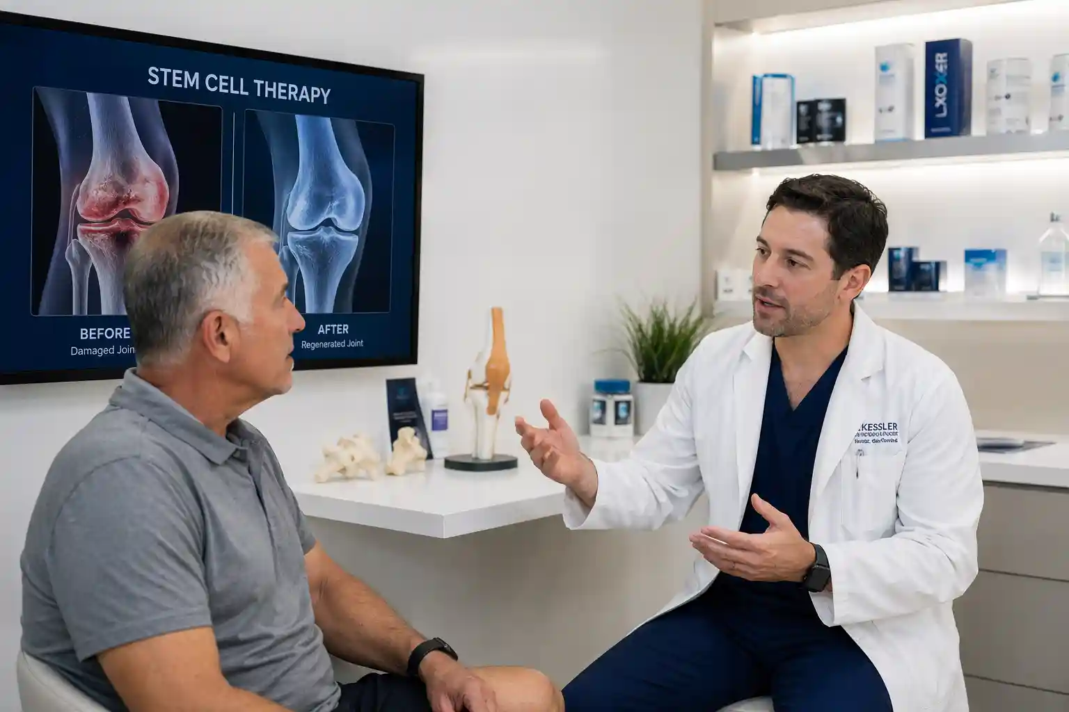 Physician discussing stem cell therapy in clinical practice regenerative medicine with patient in modern medical clinic