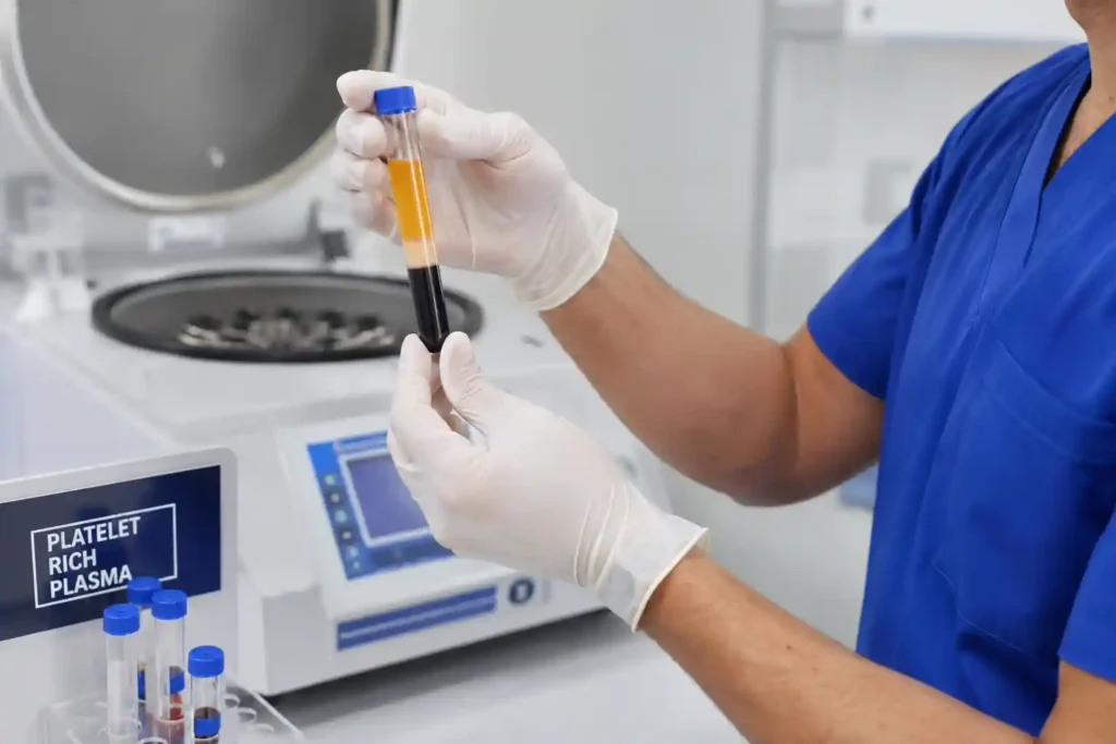 Laboratory preparation of platelet-rich plasma for regenerative medicine treatment, showing centrifuge tubes, blood separation, and clinical injection process