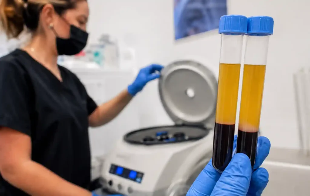 Medical professional preparing platelet-rich plasma (PRP) using centrifuge equipment in a regenerative medicine clinic laboratory