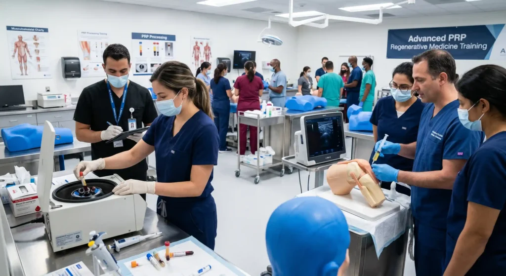 Medical professionals participating in advanced PRP training in regenerative medicine at IARM using ultrasound-guided injection techniques in a clinical workshop