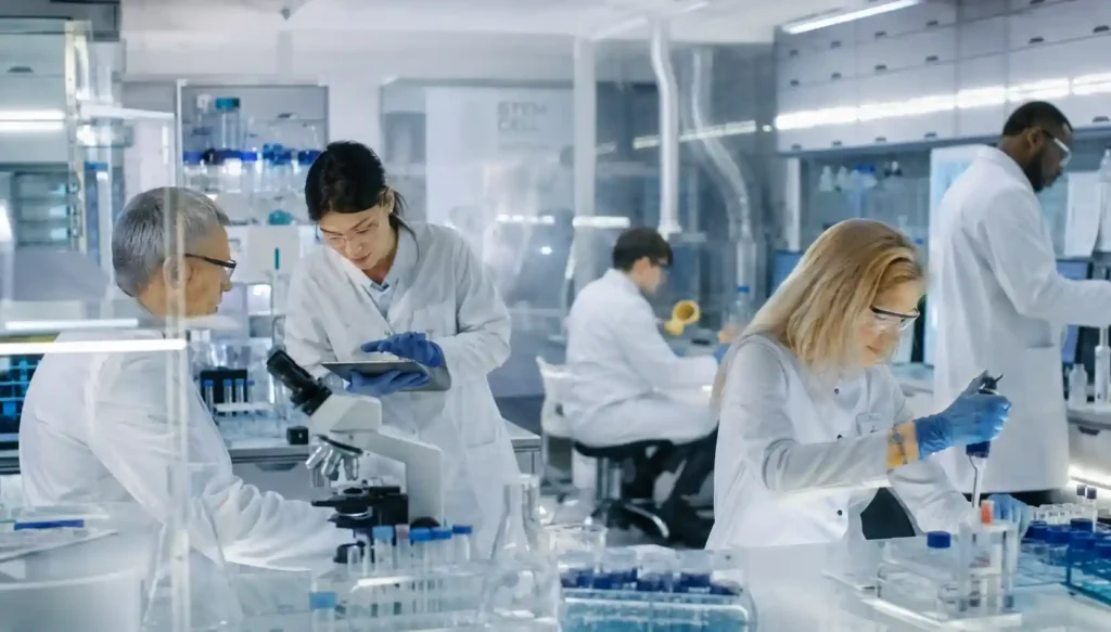 Medical researchers and healthcare professionals collaborating in a regenerative medicine laboratory with stem cell research equipment and advanced biotechnology tools