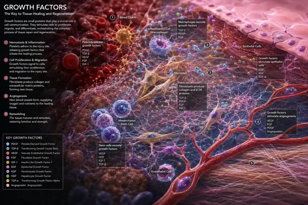 Microscopic visualization of growth factors stimulating tissue regeneration, angiogenesis, and cellular healing in regenerative medicine