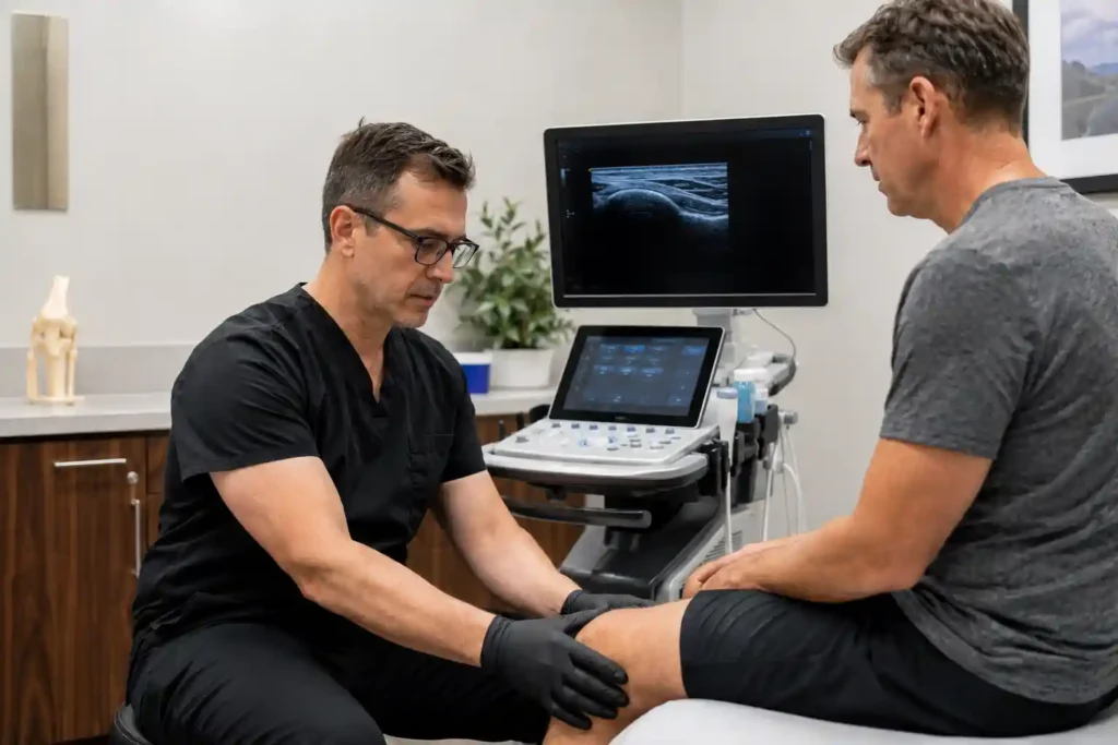 Physician performing patient assessment before platelet-rich plasma treatment in a regenerative medicine clinic