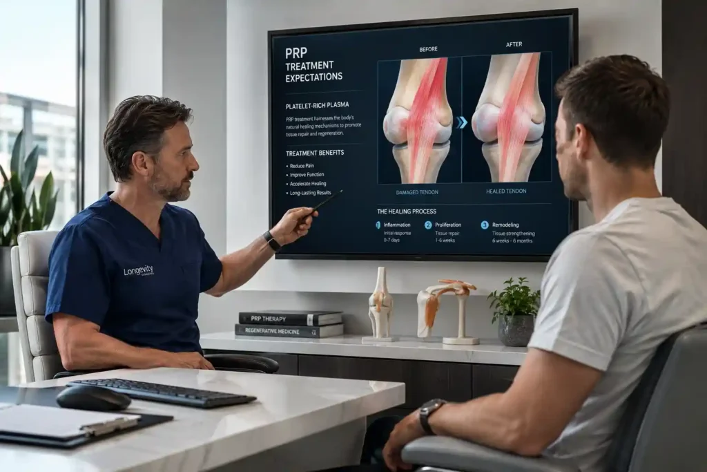 Healthcare professional discussing PRP treatment expectations and regenerative medicine outcomes with a patient during a consultation