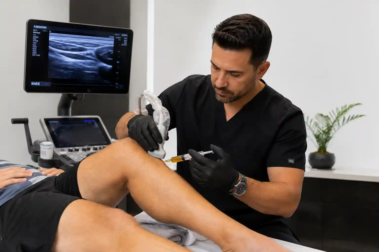 Healthcare professional performing a platelet-rich plasma (PRP) injection for chronic pain management in a patient with a musculoskeletal condition, highlighting regenerative medicine treatment techniques